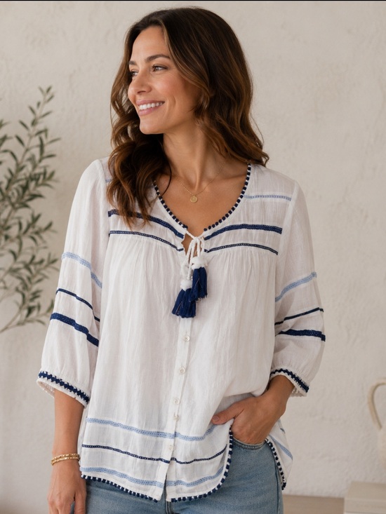 J. Jill Tops - J. Jill 100 % Cotton White Blue Boho Tassel Blouse Women’s Medium Petite